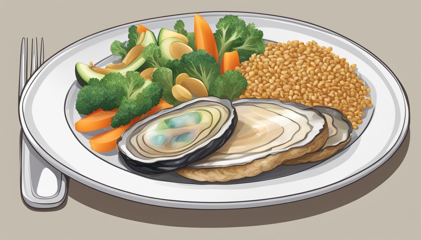 A plate of balanced diabetic meal with abalone, vegetables, and whole grains