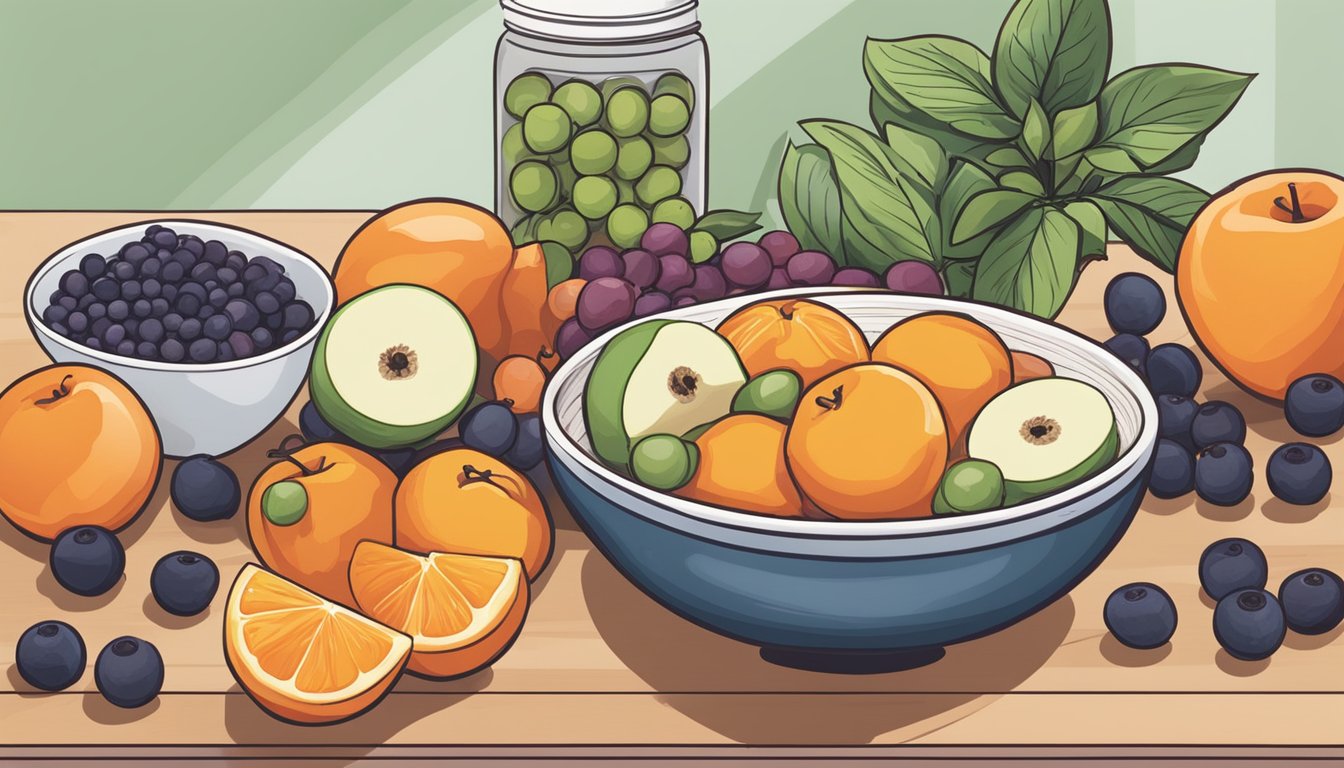 Acai berries, apples, and oranges arranged on a kitchen counter. A diabetic-friendly recipe book lies open nearby