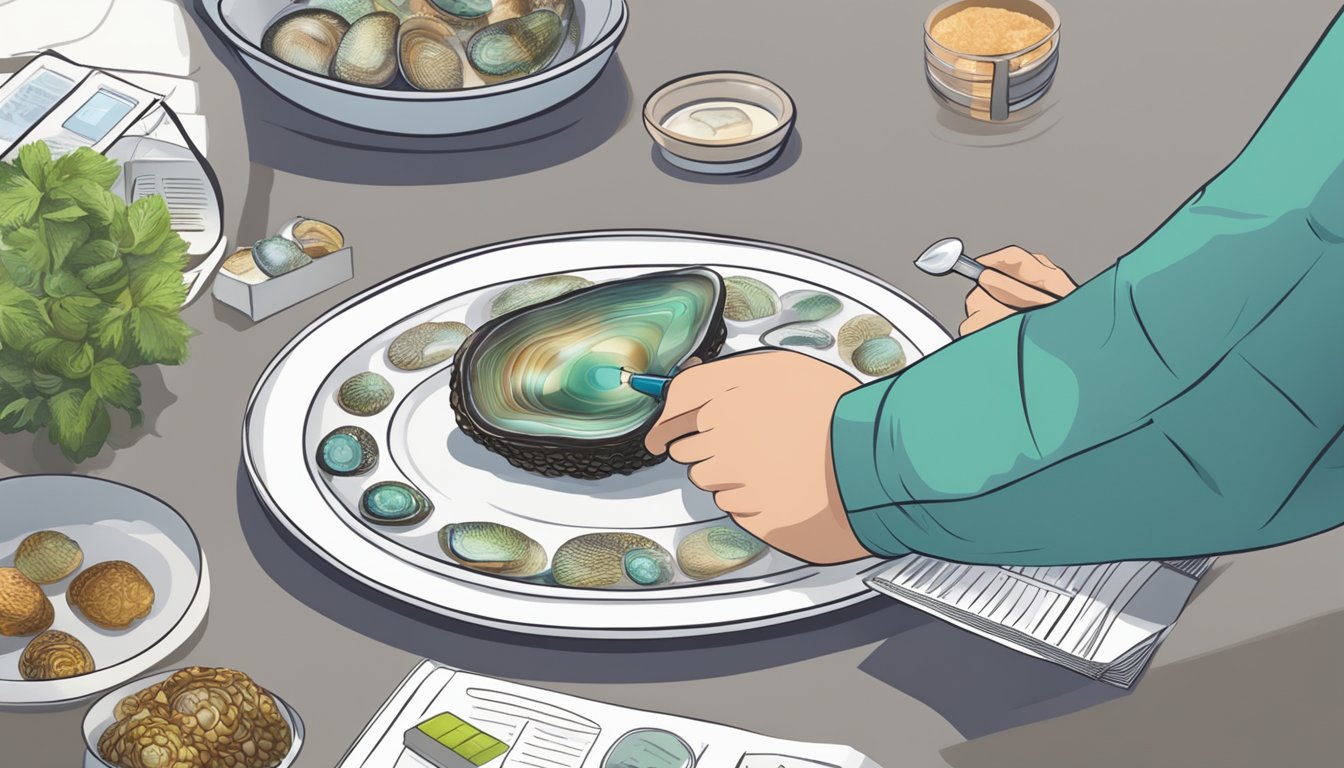 A diabetic person carefully examining a plate of abalone, surrounded by medical supplies and a nutrition guide