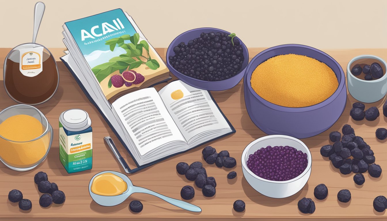 Acai berries and various sweeteners laid out on a kitchen counter, with a diabetic-friendly cookbook open to a page about acai preparations