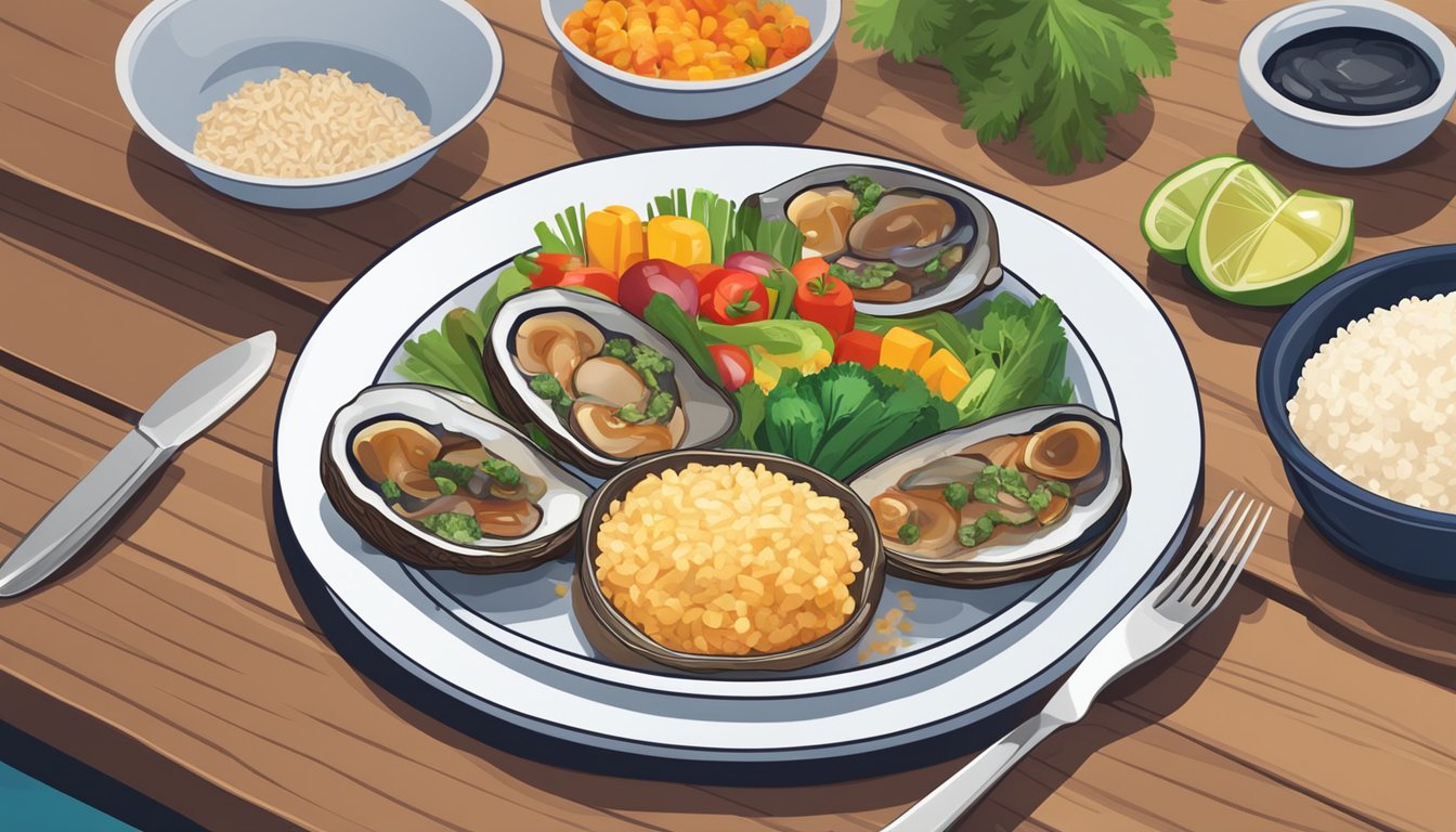 A diabetic person enjoying a plate of grilled abalone with a variety of colorful vegetables and a side of whole grain rice on a wooden table