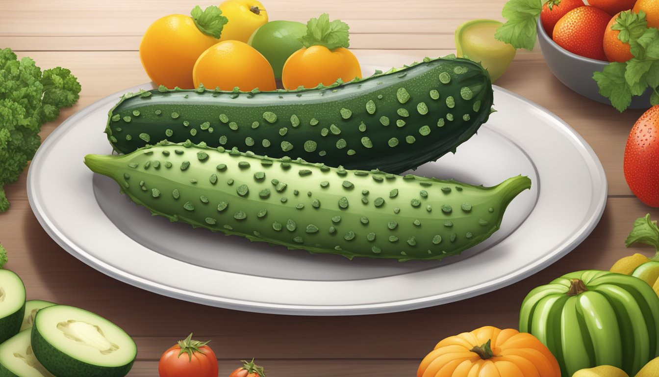 African horned cucumber on a plate surrounded by fruits and vegetables, with a diabetic-friendly meal plan in the background