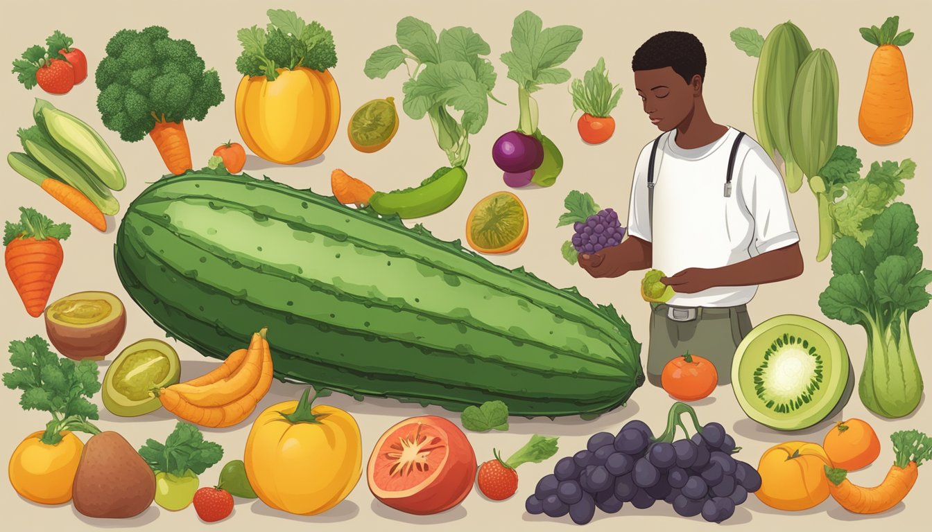 African horned cucumber surrounded by various fruits and vegetables, with a nutrition label and a diabetic person contemplating it