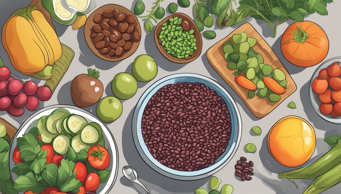 A bowl of adzuki beans surrounded by various fruits and vegetables, with a diabetic-friendly meal being prepared in the background