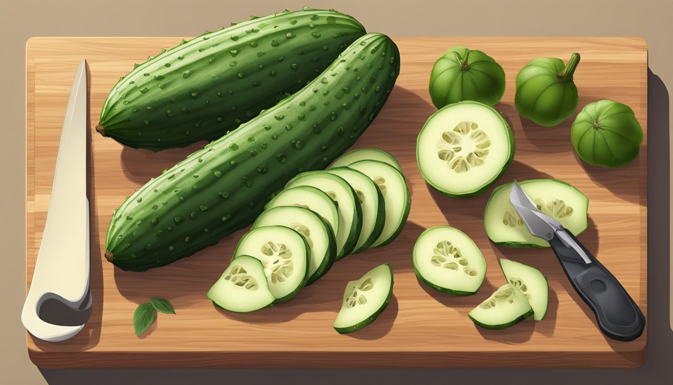 African horned cucumber sliced on a cutting board with various culinary tools around it