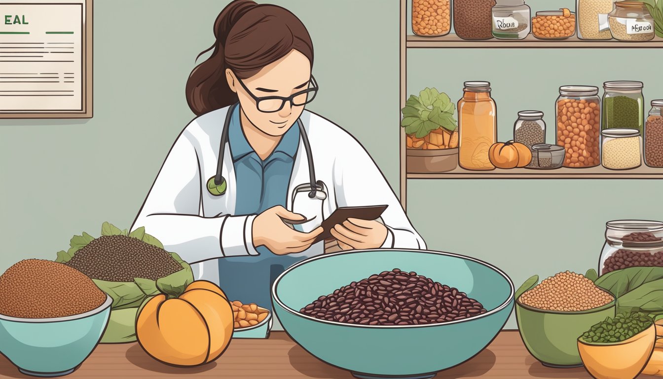 A diabetic person carefully examining a bowl of adzuki beans, surrounded by various food items and a nutrition label