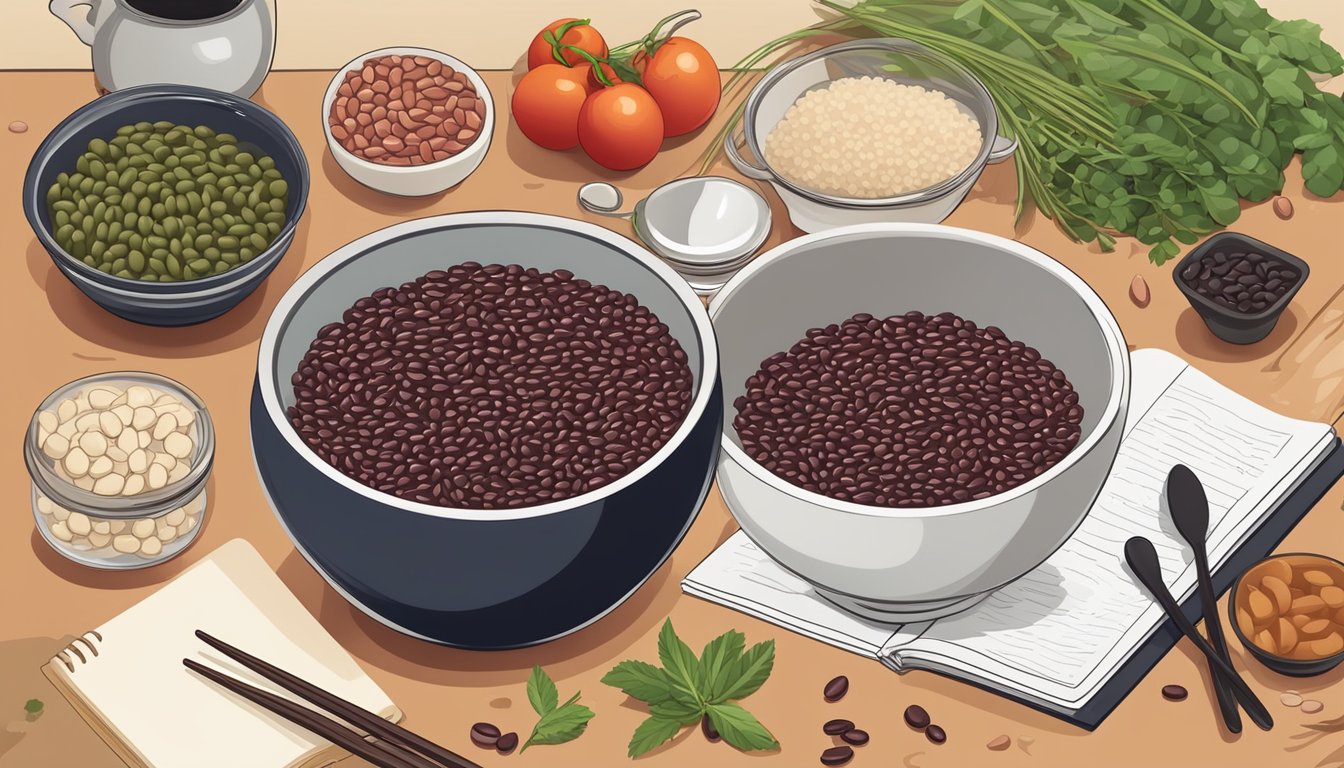 A bowl of cooked adzuki beans surrounded by various ingredients and cooking utensils, with a recipe book open to a page on adzuki bean preparation