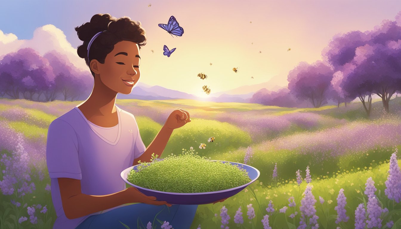 A lush field of alfalfa plants, with a mix of purple and white flowers, surrounded by bees and butterflies. A person with diabetes is seen enjoying a meal with alfalfa sprouts as part of a balanced diet