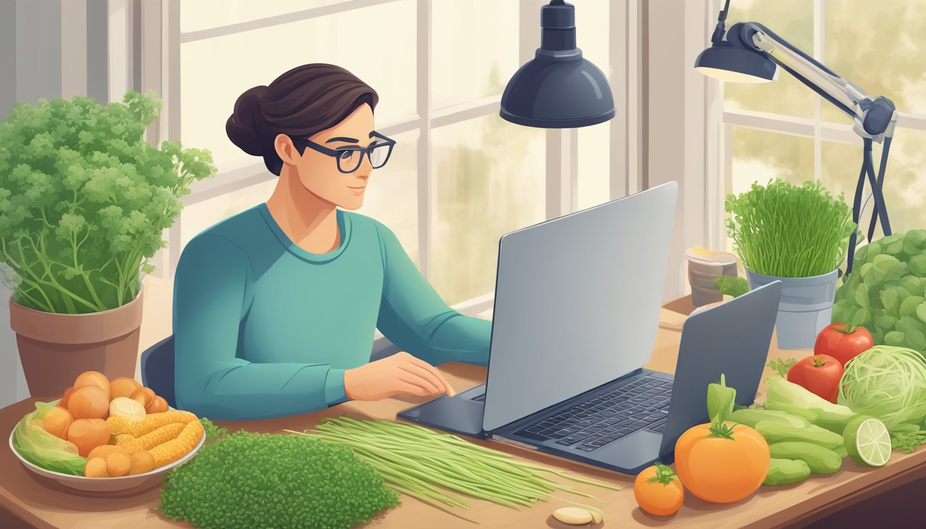 A diabetic person researching alfalfa's nutritional profile on a laptop surrounded by fresh alfalfa sprouts and a variety of healthy foods