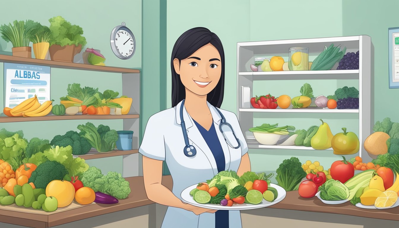 A dietician holding a plate of albacore and various fruits and vegetables, with a diabetes education poster in the background