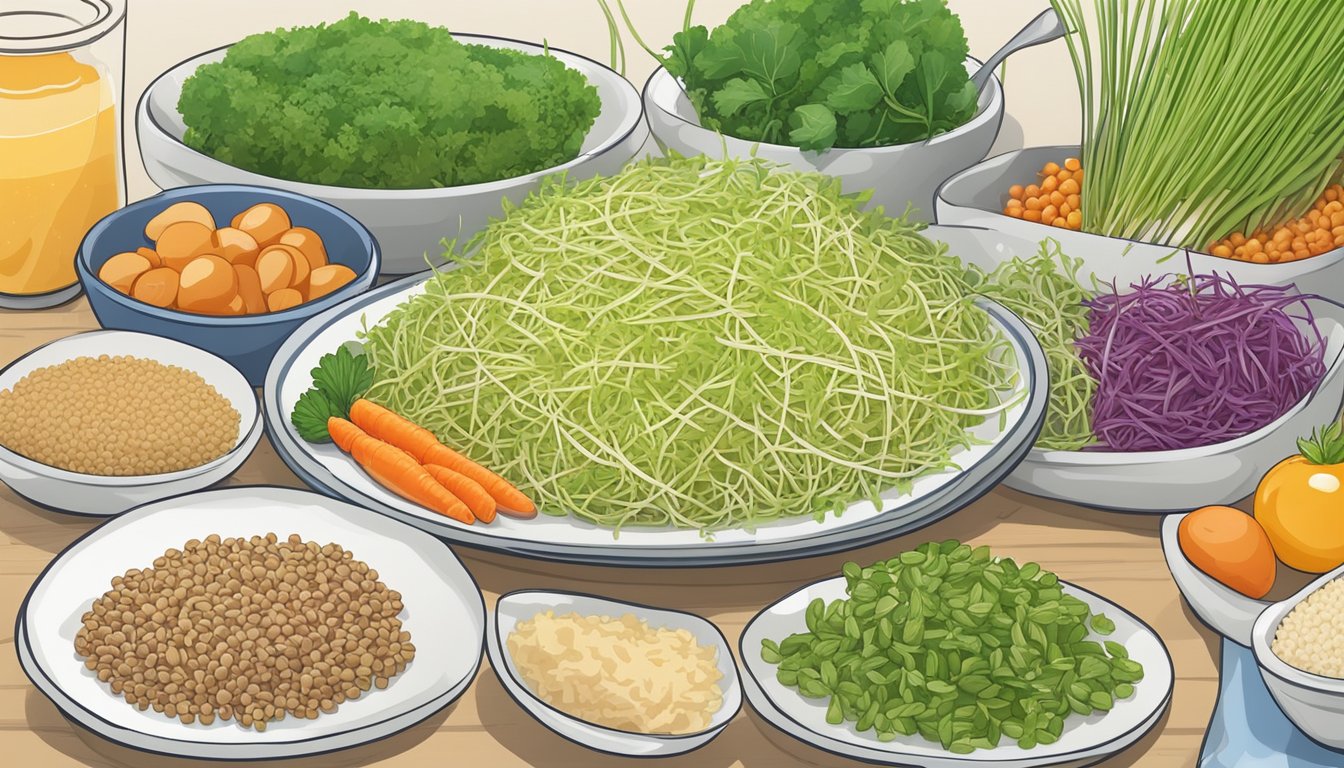 A plate of alfalfa sprouts arranged next to a variety of diabetic-friendly foods like lean protein, whole grains, and colorful vegetables