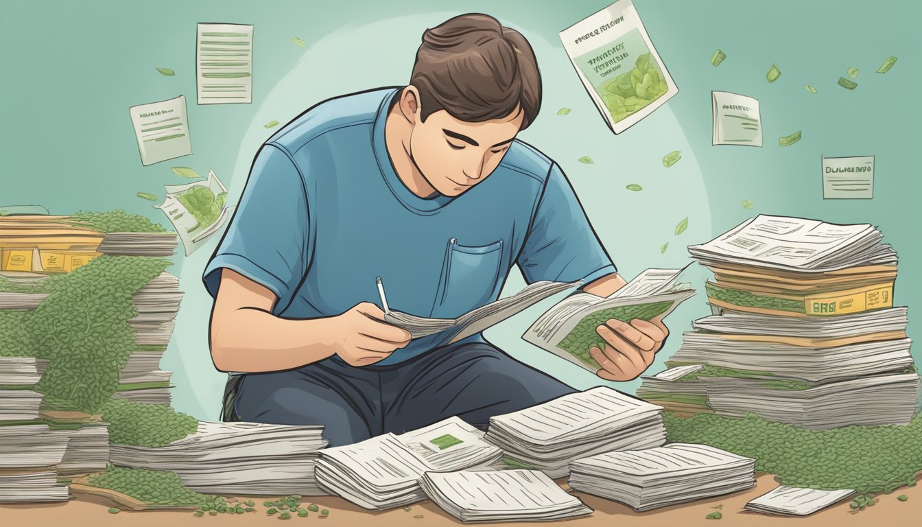 A diabetic person cautiously examining a pile of alfalfa, surrounded by medical pamphlets and nutritional information