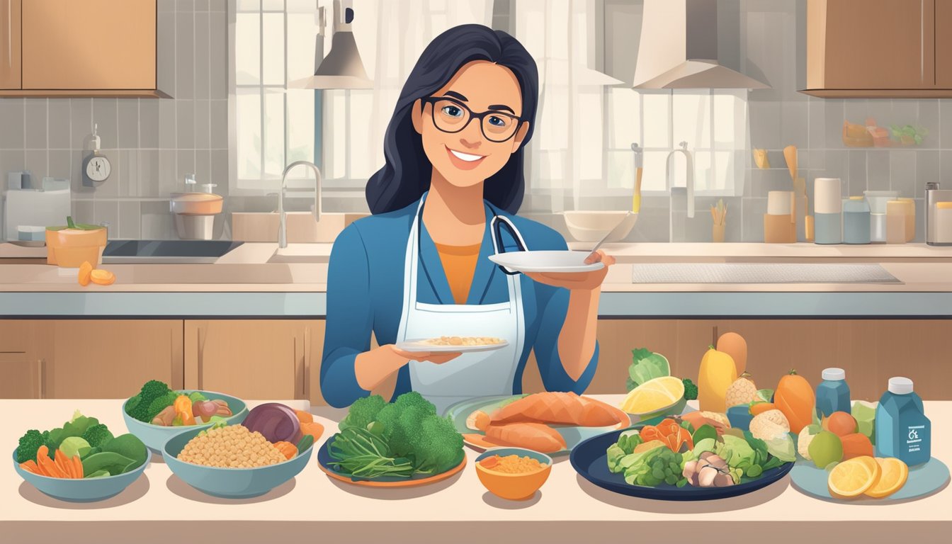 A dietician holding a plate of albacore and various diabetic-friendly foods, with a "yes" sign next to the albacore