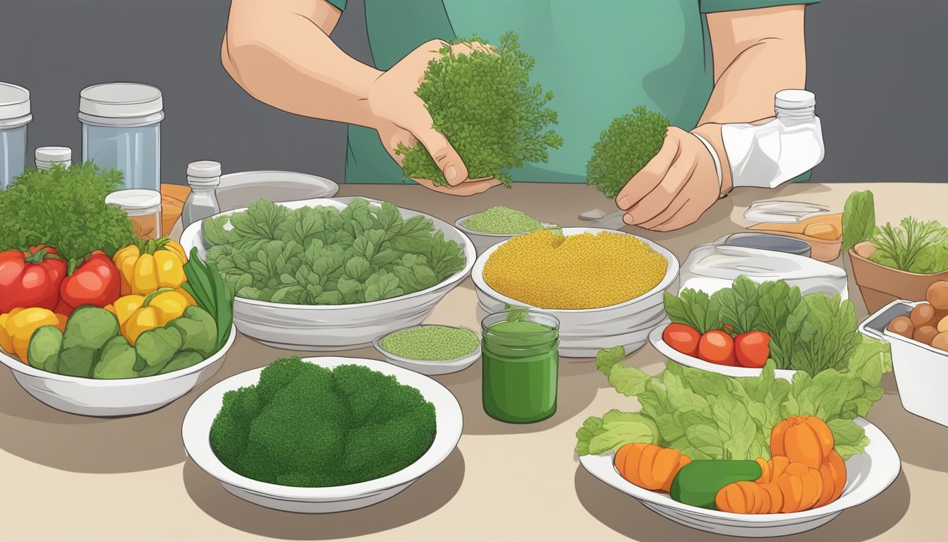 A table with various vegetables and supplements, with a focus on a bunch of alfalfa. A diabetic person is examining the different options