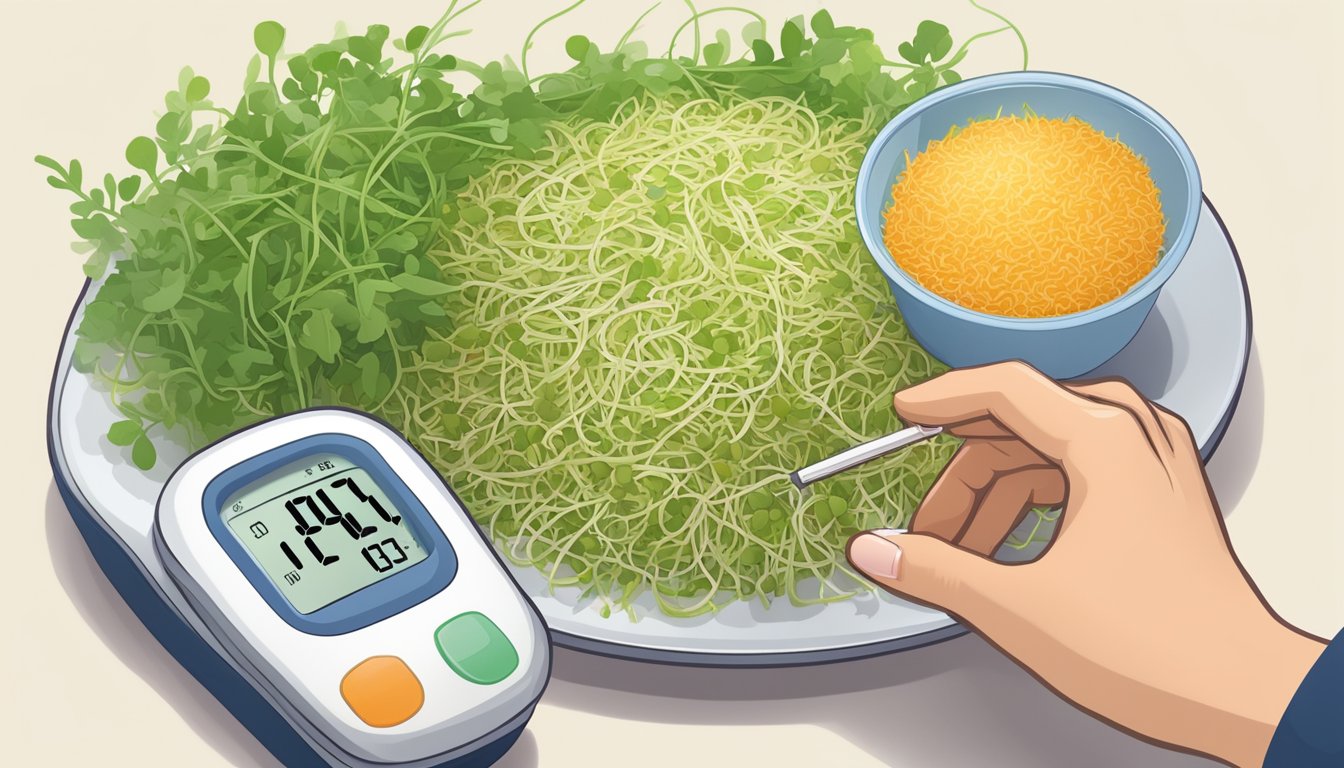 A diabetic person enjoying a diverse plate of alfalfa sprouts, vegetables, and lean protein, with a glucose monitor nearby