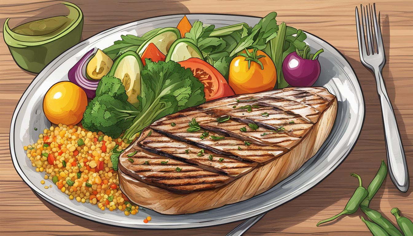 A plate with a grilled albacore steak surrounded by colorful vegetables and a side of quinoa