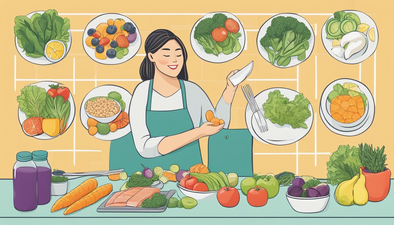 A dietician arranging a variety of healthy foods, including albacore, on a colorful meal planning chart