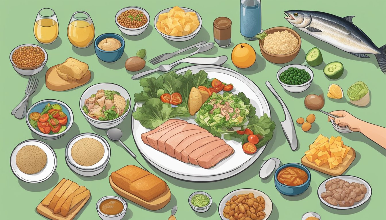 A person with diabetes choosing to eat a meal with albacore tuna, surrounded by various food options and a diabetic meal plan