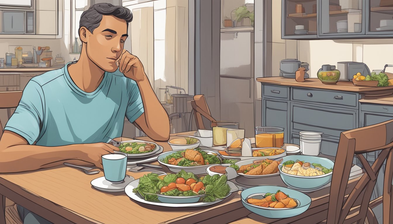 A diabetic sitting at a dining table, with a plate of albacore and various food items, contemplating their meal choices