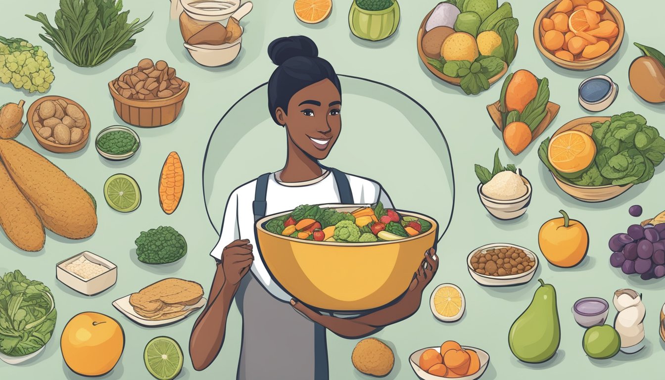 A dietician holding a bowl of amasi surrounded by various diabetic-friendly foods and ingredients