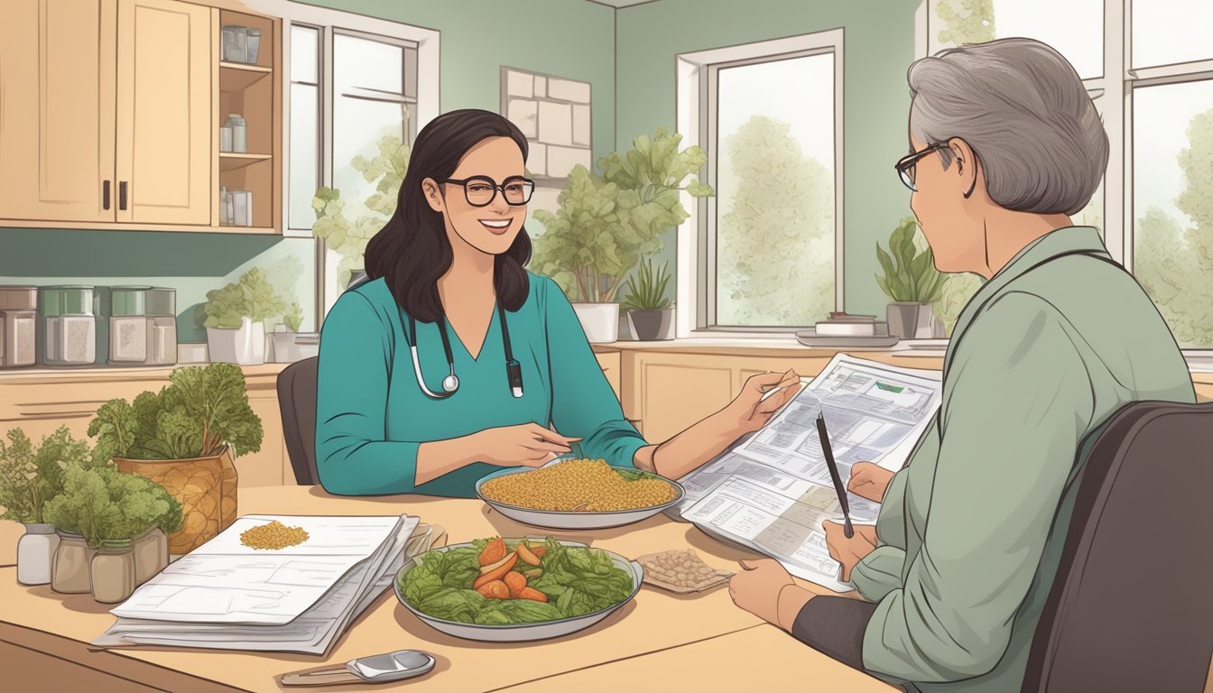 A dietician discussing amaranth with a diabetic client, surrounded by charts and food samples