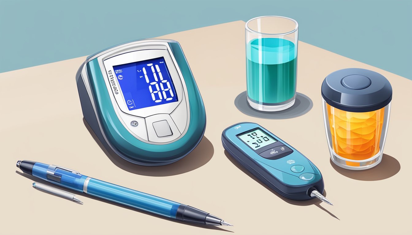 A glass of amasi next to a blood sugar monitor and insulin pen