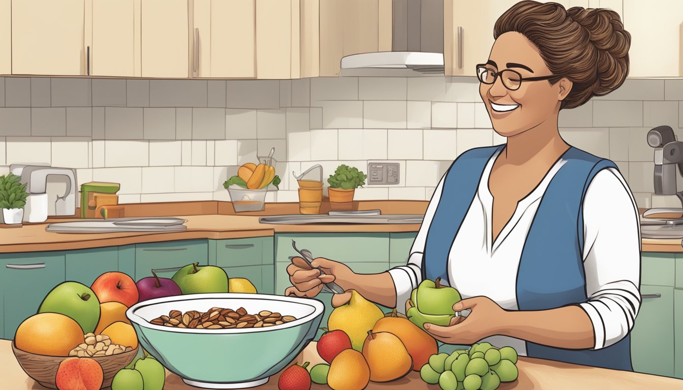 A diabetic person happily adding amasi to a bowl of fresh fruit and nuts