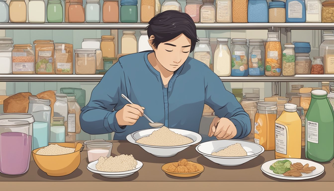 A diabetic person enjoying a bowl of amazake with a concerned look on their face, surrounded by various food items and a nutrition label