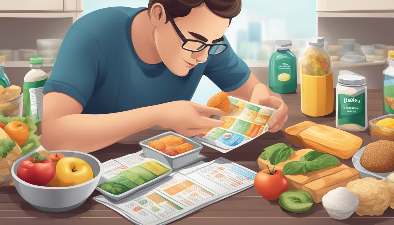 A diabetic person reading food labels with various products and ingredients displayed on a table