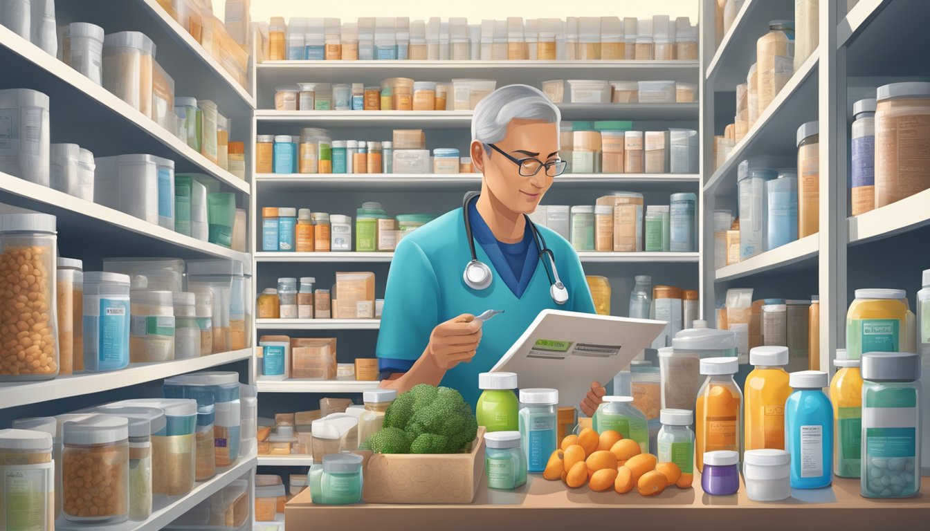 A diabetic cautiously examines a container of amasi, surrounded by nutrition labels and medical supplies