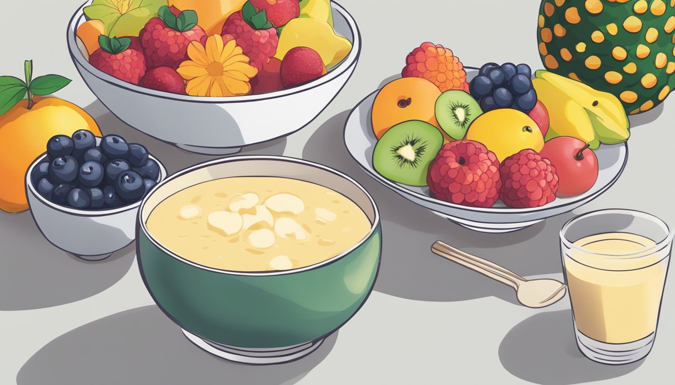 A bowl of fresh fruits arranged next to a glass of amazake, with a diabetic-friendly meal in the background