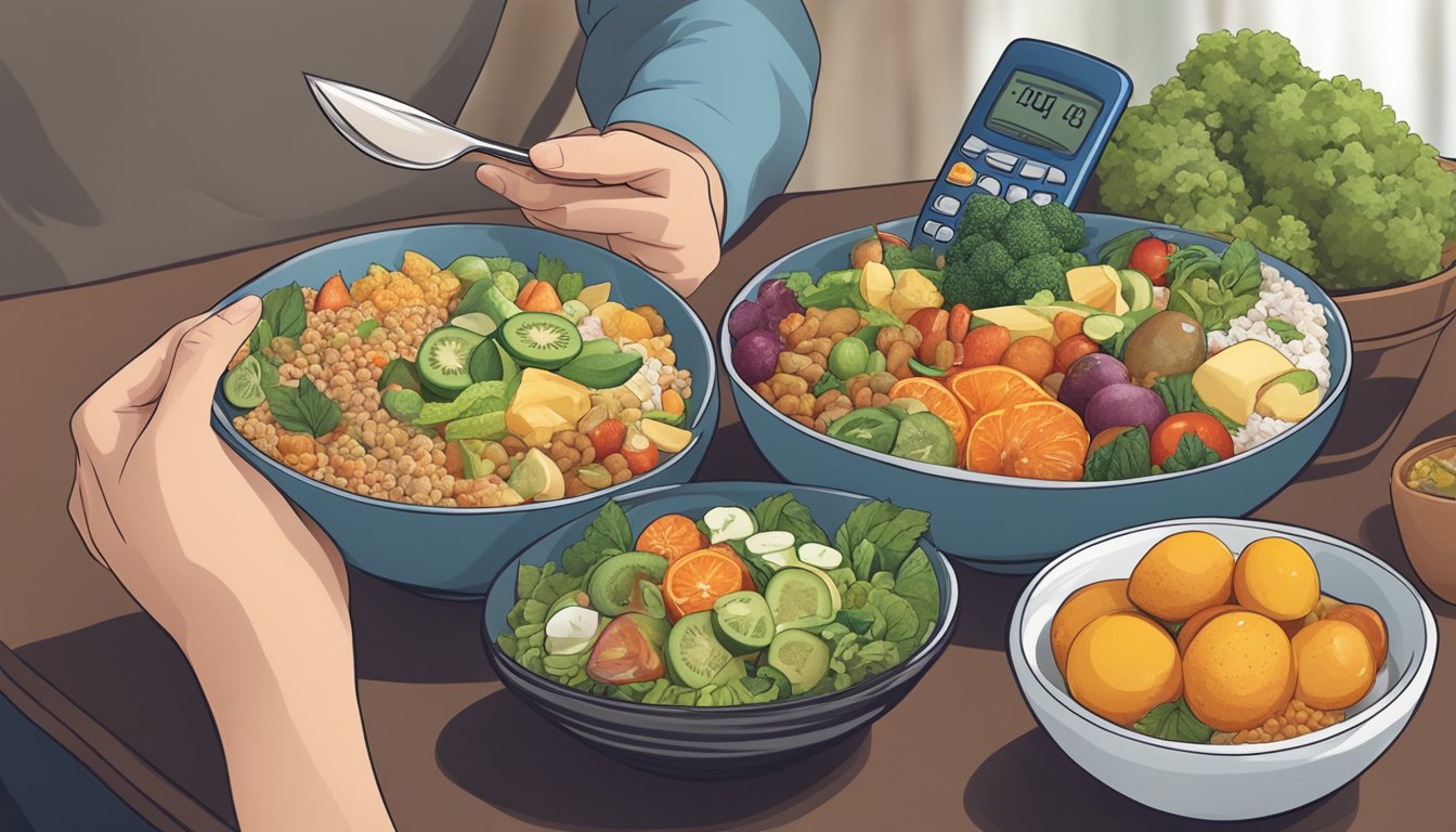 A diabetic person enjoying a bowl of amasi with a variety of healthy food options on the table