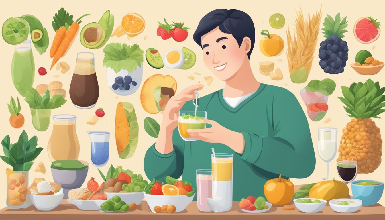 A diabetic person holding a glass of amazake, surrounded by various healthy food options