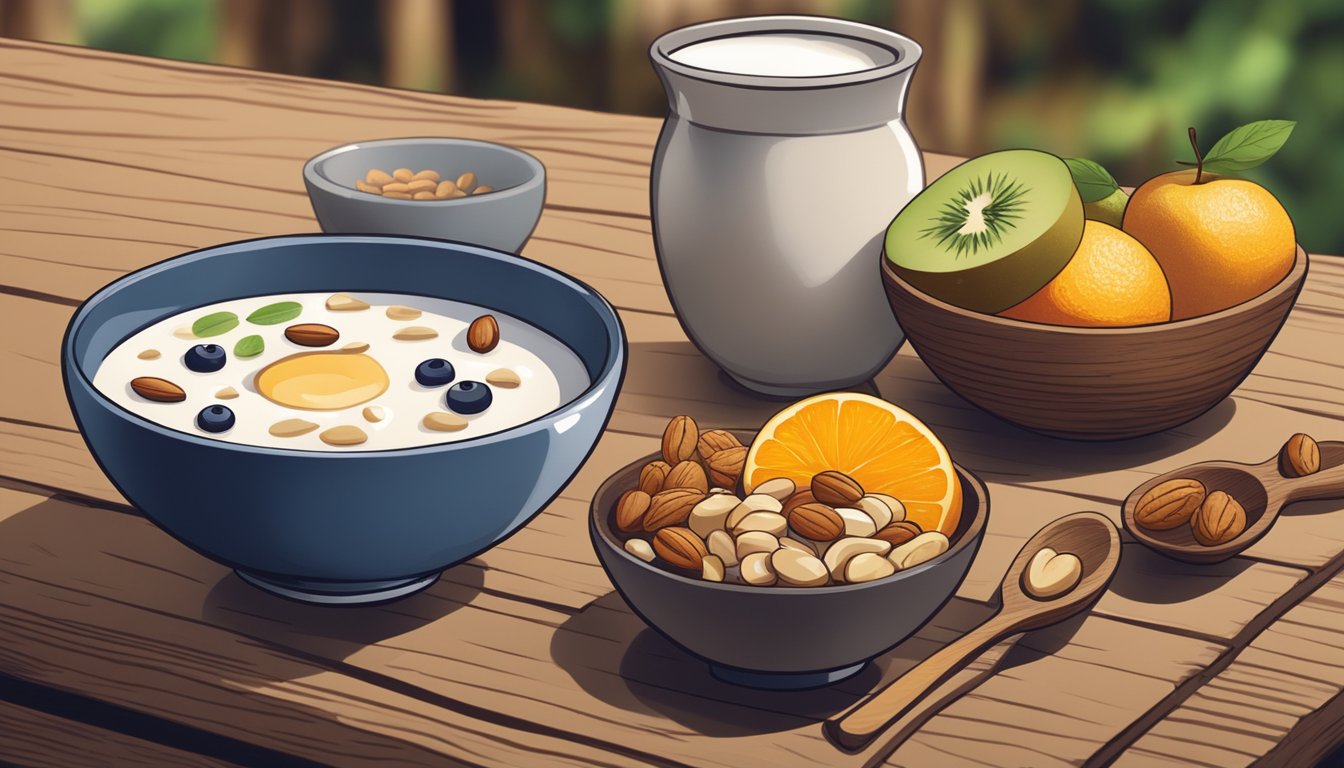 A diabetic person enjoying a bowl of amazake with a variety of fruits and nuts on a rustic wooden table