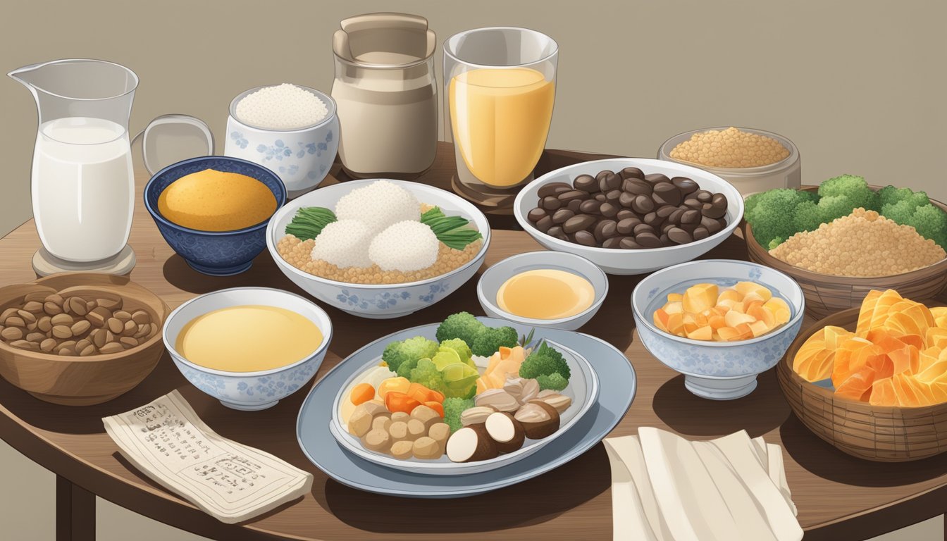 A table with a variety of foods, including a bowl of amazake, with a sign reading "Dietary Considerations for Diabetics" displayed prominently