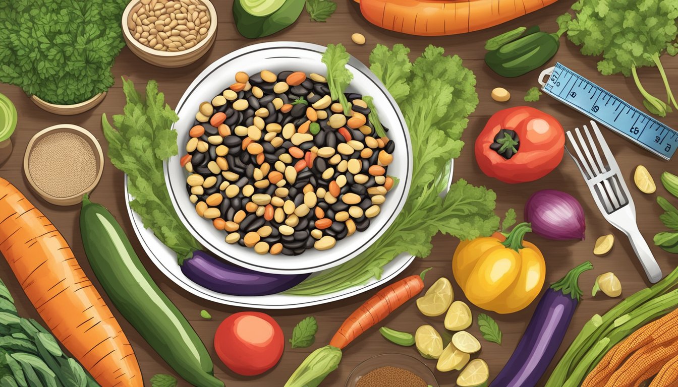 A plate of anasazi beans surrounded by a variety of colorful vegetables and a measuring tape to symbolize health benefits for diabetics