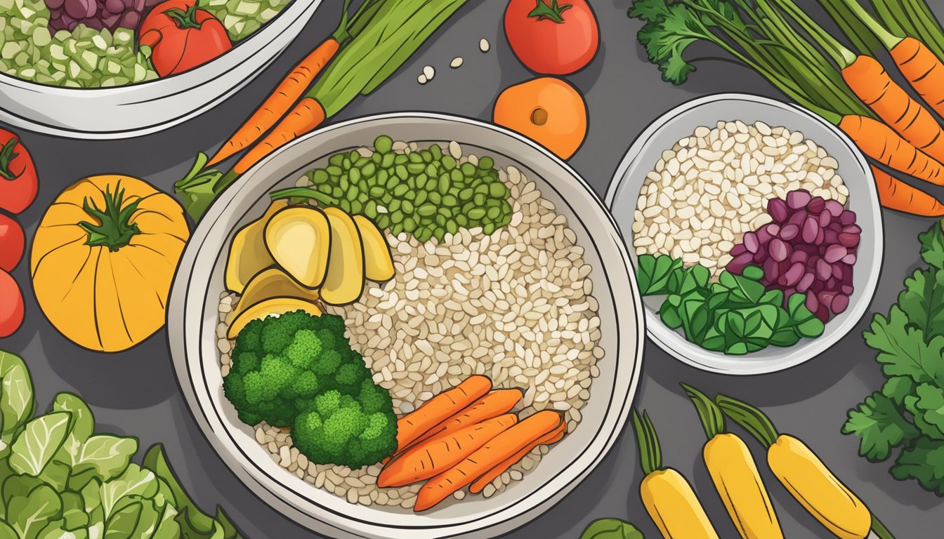 A bowl of arborio rice surrounded by colorful vegetables and a diabetic-friendly meal plan