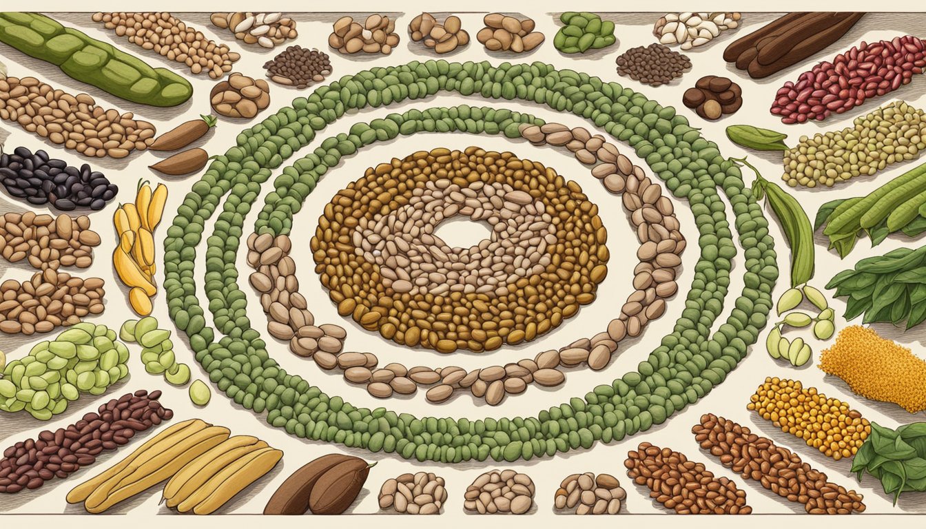 A variety of beans arranged in a circle, with Anasazi beans in the center, surrounded by other types of beans