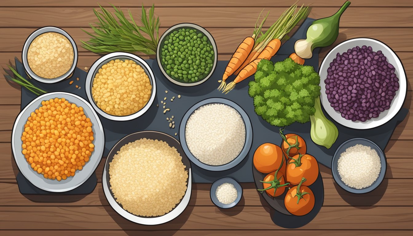 A variety of grains and vegetables arranged on a wooden cutting board, with a bowl of arborio rice placed next to alternative options