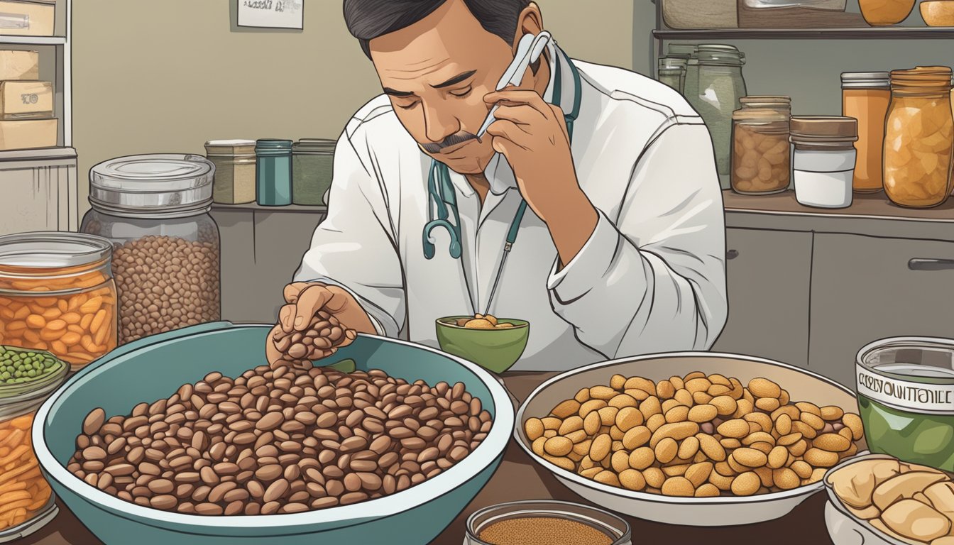 A diabetic person examining a bowl of anasazi beans with a concerned expression, surrounded by various food items and a nutrition label