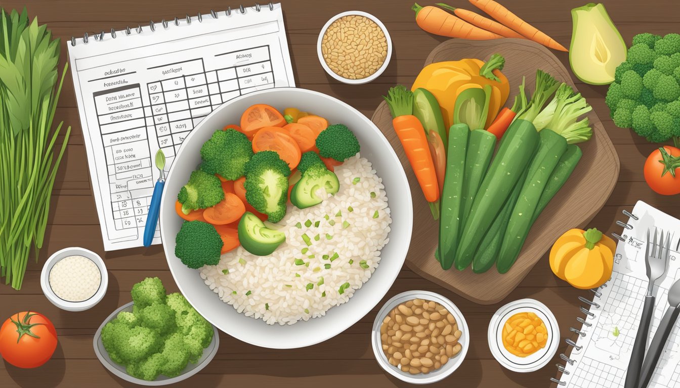 A colorful array of fresh vegetables and lean proteins surrounding a bowl of cooked Arborio rice, with a diabetes-friendly meal plan chart in the background