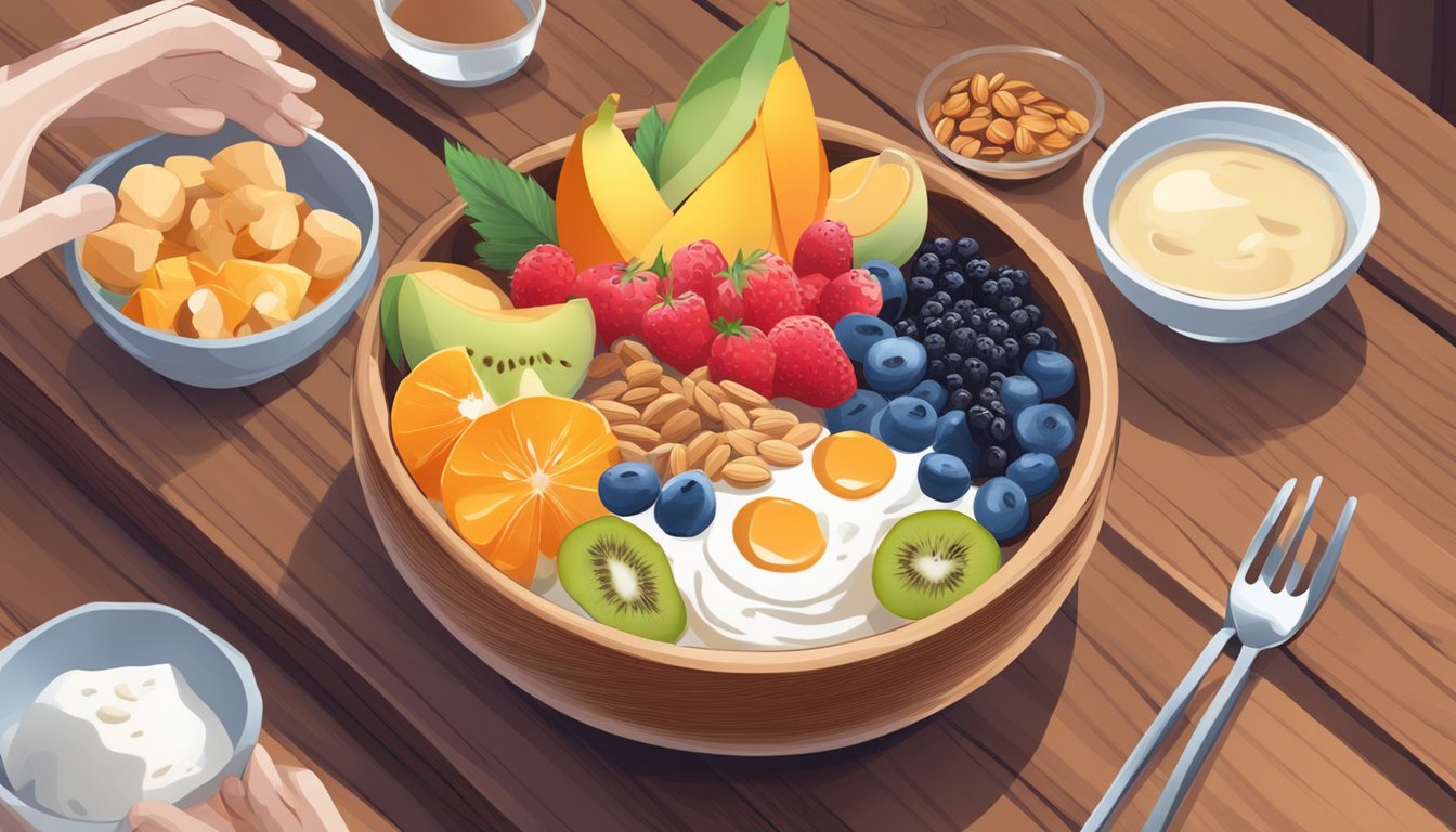 A diabetic person enjoying a bowl of amazake with a variety of colorful fruits and nuts on a wooden table