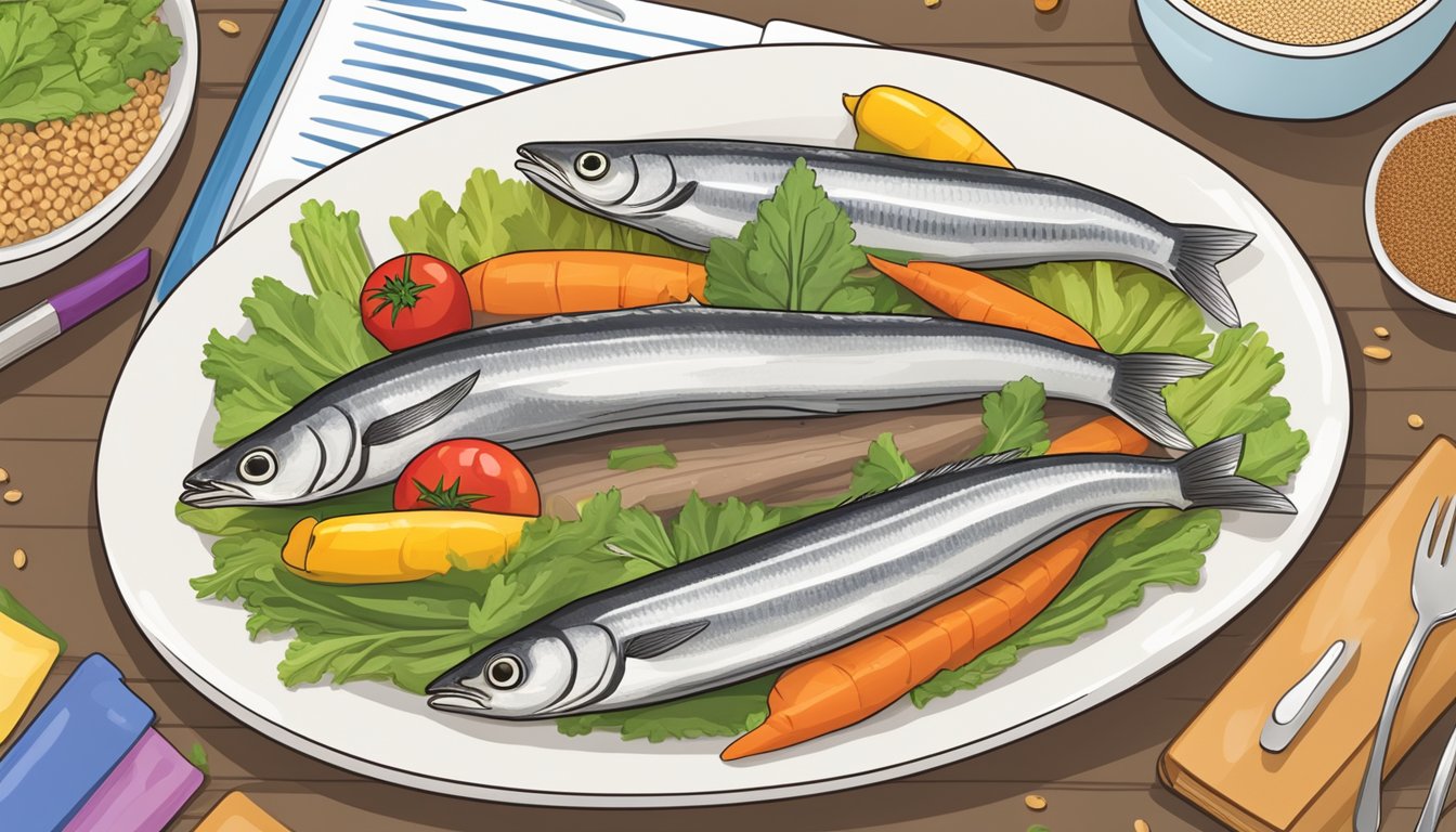 A plate of anchovies, surrounded by colorful vegetables and whole grains, with a diabetes education book in the background