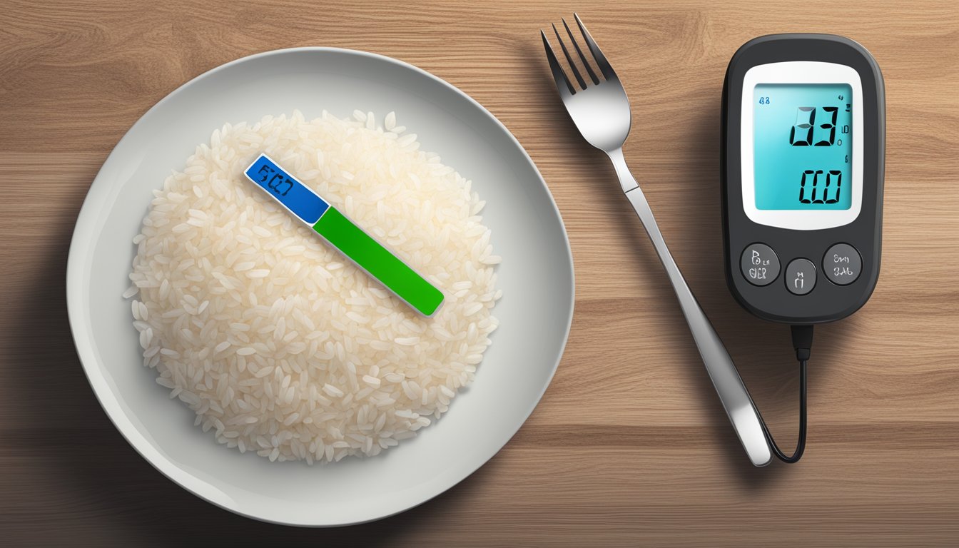 A plate of arborio rice with a blood sugar monitor next to it, showcasing the dietary impact on diabetics