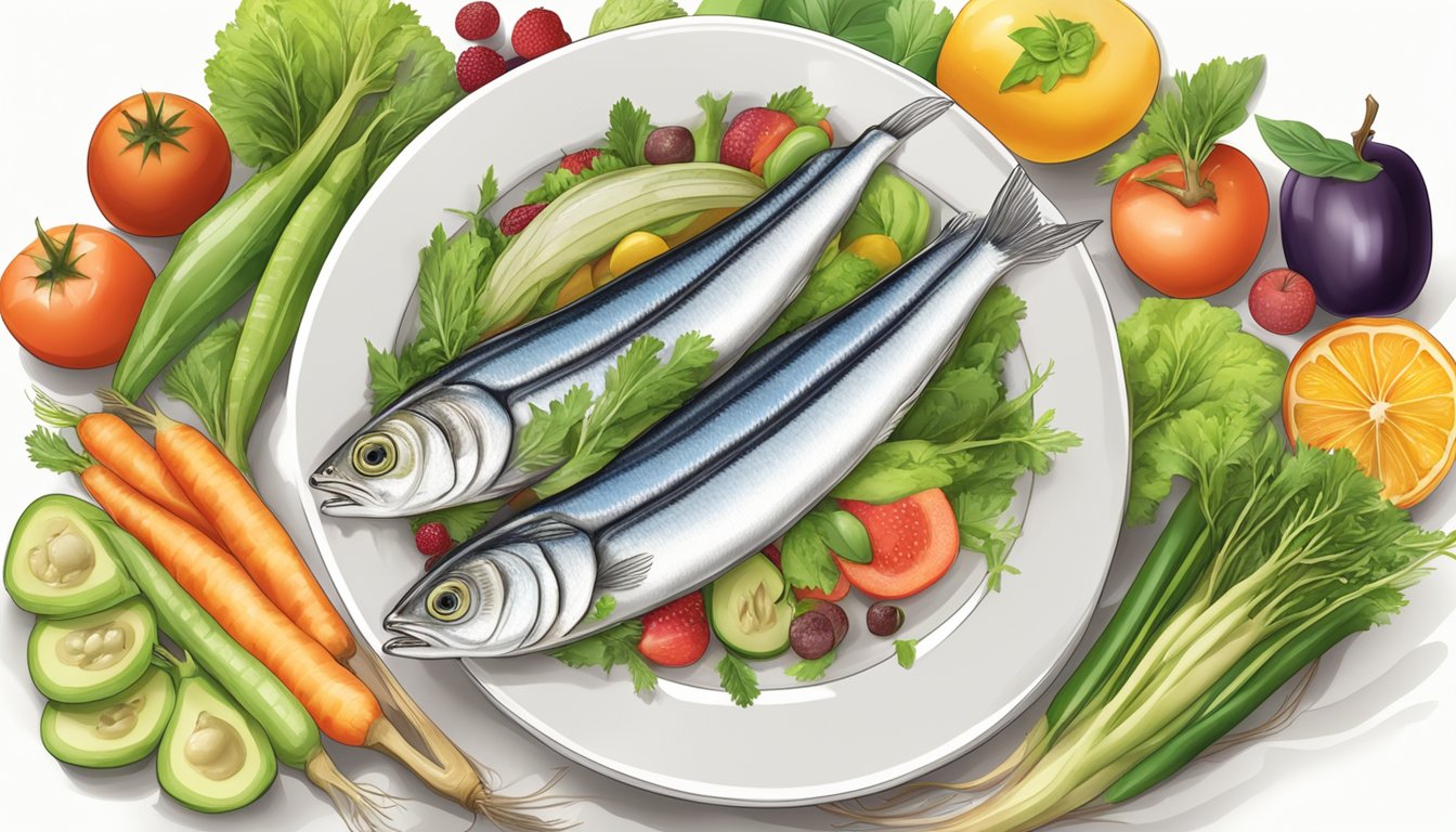 A plate of anchovies surrounded by various fruits and vegetables, with a nutritional chart in the background