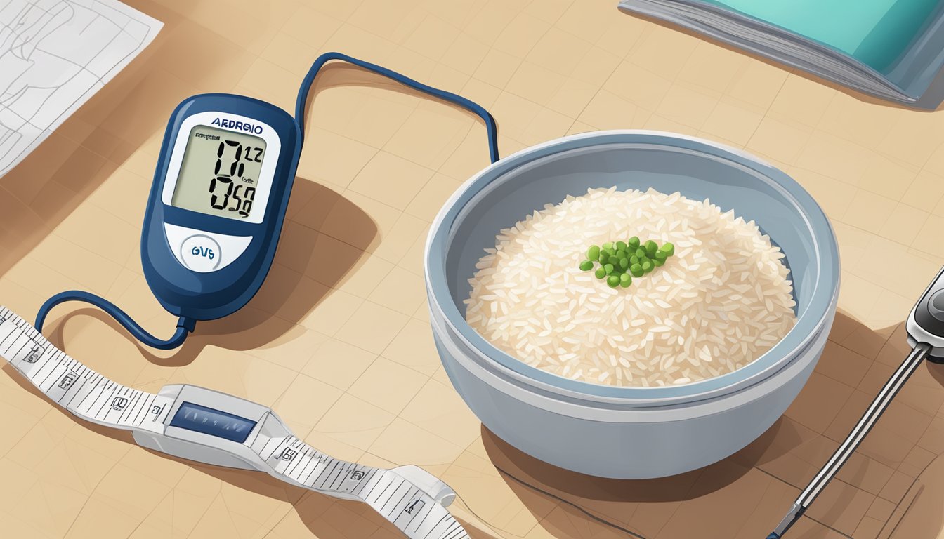 A bowl of Arborio rice sits next to a blood glucose monitor, with a graph showing stable levels