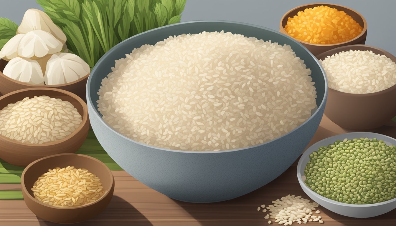 A bowl of arborio rice next to a variety of diabetes-friendly alternatives such as cauliflower rice, quinoa, and brown rice