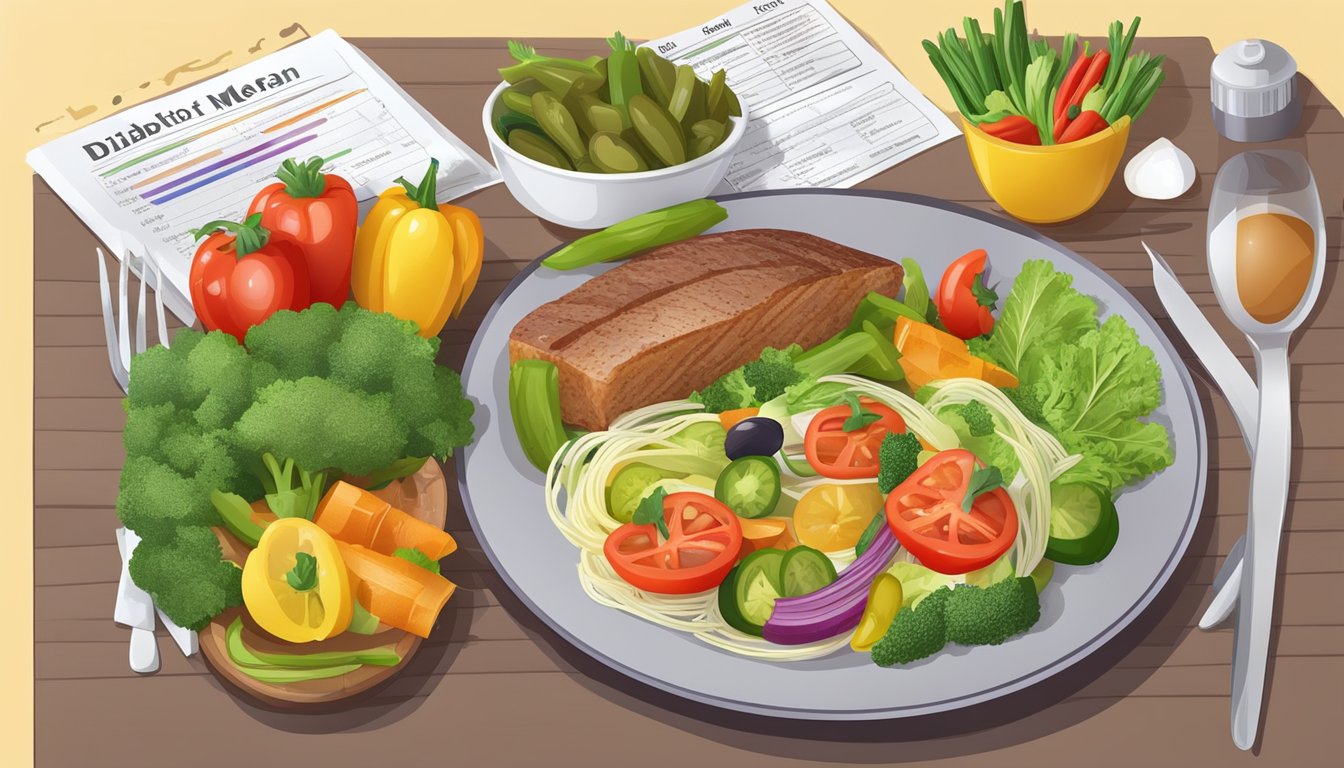 A diabetic-friendly meal with anchovies, surrounded by colorful vegetables and a diabetic diet plan in the background