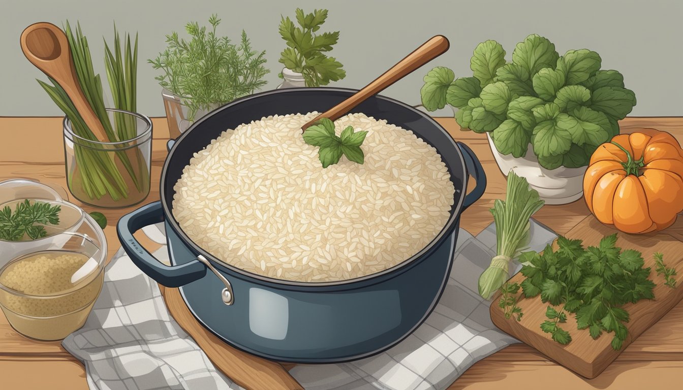 A person cooking arborio rice in a pot with water, a measuring cup, and a wooden spoon, surrounded by various ingredients like vegetables and herbs