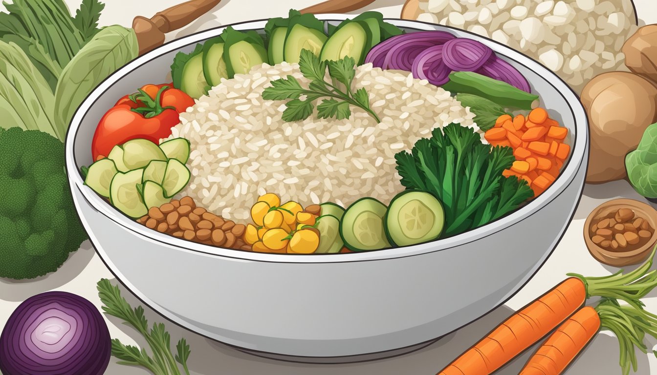 A bowl of arborio rice surrounded by a variety of colorful and nutrient-rich vegetables, showcasing a balanced and diabetic-friendly meal option